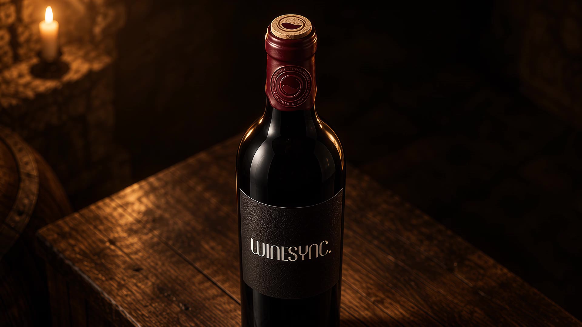 Garrafa WineSync na penumbra de uma cave, com o símbolo marcado a fogo no topo da rolha