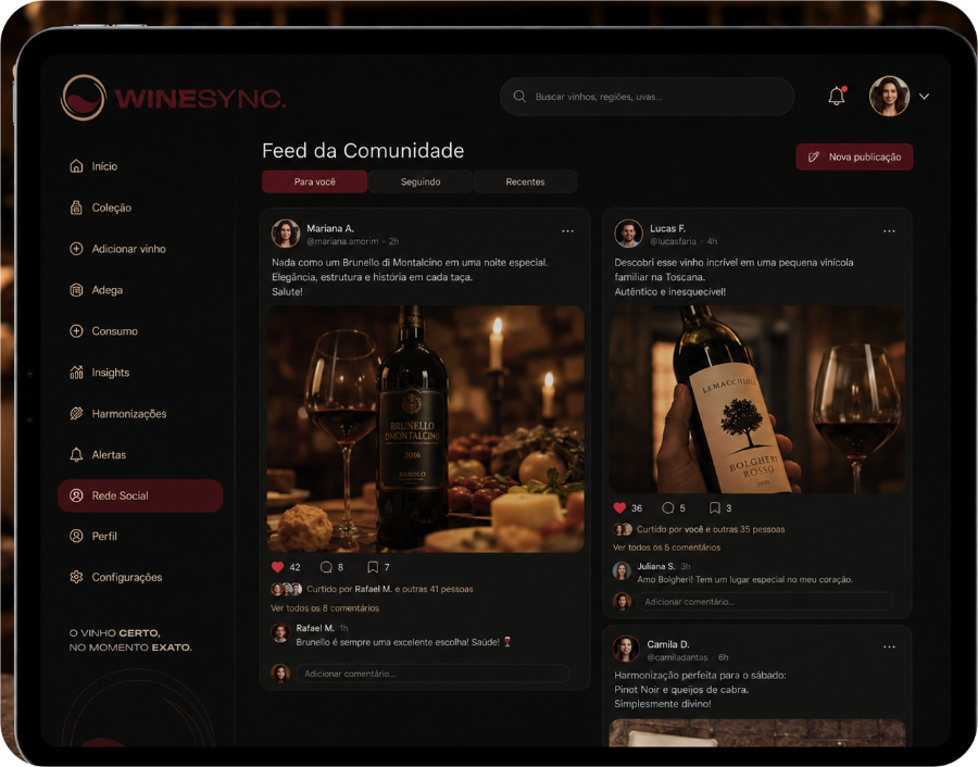 Feed da Comunidade do WineSync no iPad, com publicações de colecionadores