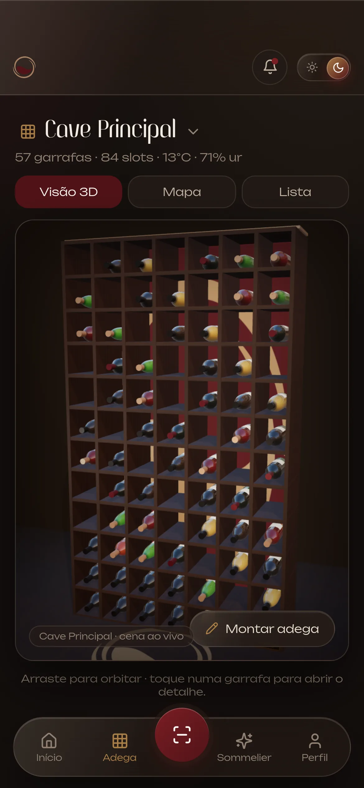Tela Adega do WineSync com a estante em 3D e as garrafas nos slots