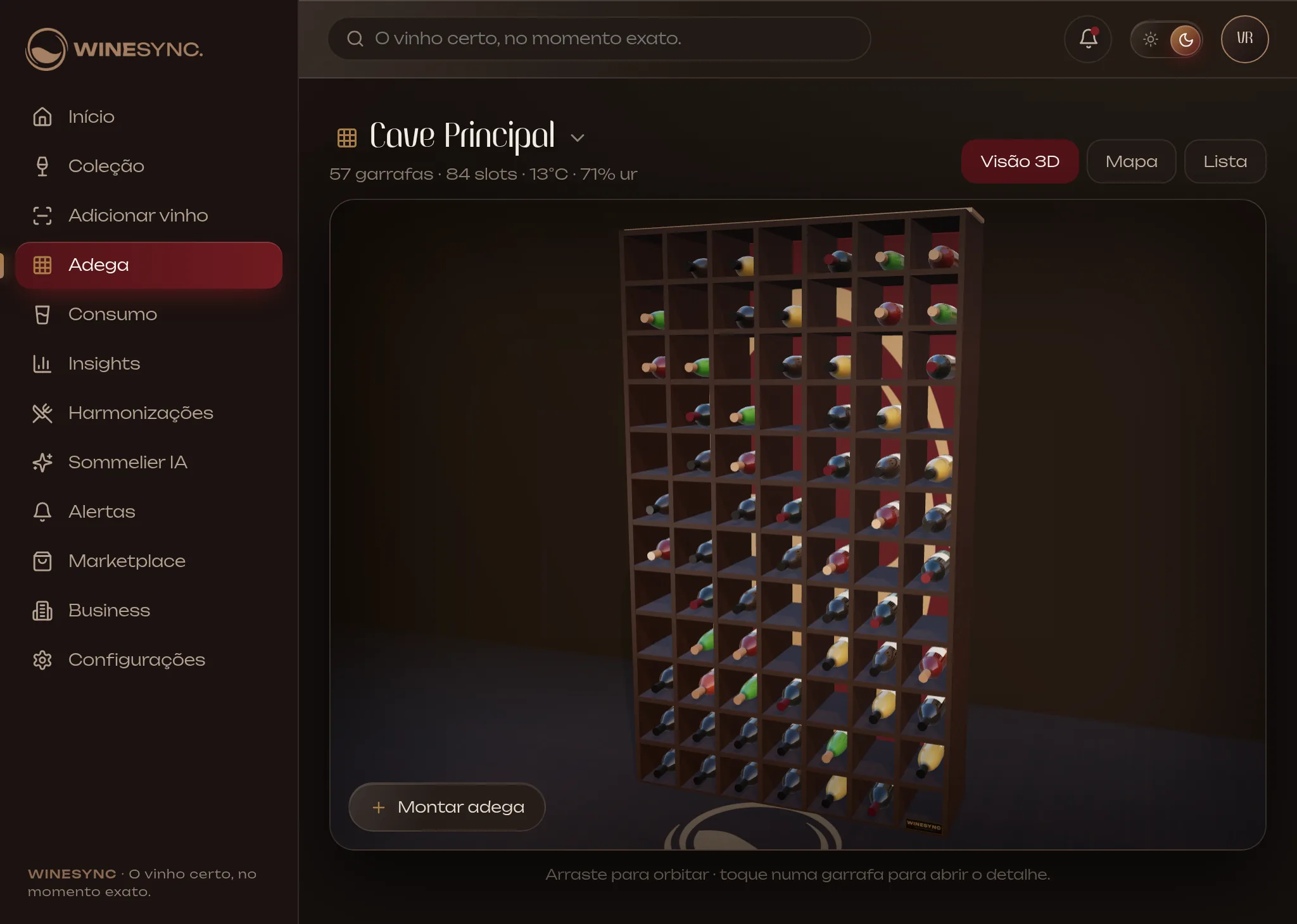 WineSync no iPad: adega em 3D com a barra lateral de navegação
