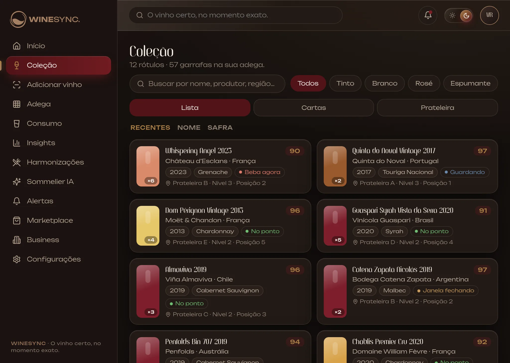 Tela Coleção do WineSync no iPad